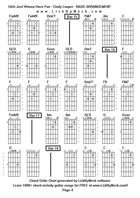 Chord Grids Chart of chord melody fingerstyle guitar song-Girls Just Wanna Have Fun - Cindy Lauper - BASIC ARRANGEMENT,generated by LickByNeck software.